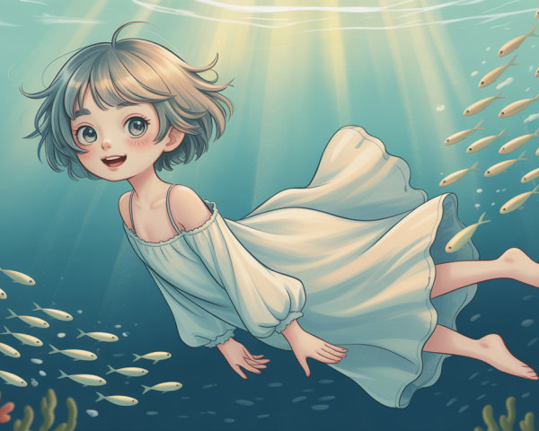 Anime girl swimming underwater in a white dress