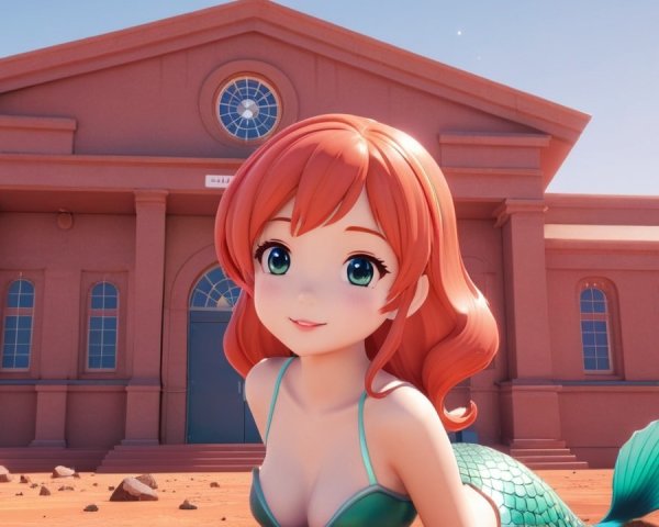 Cheerful Mermaid with Auburn Hair in Whimsical Scene