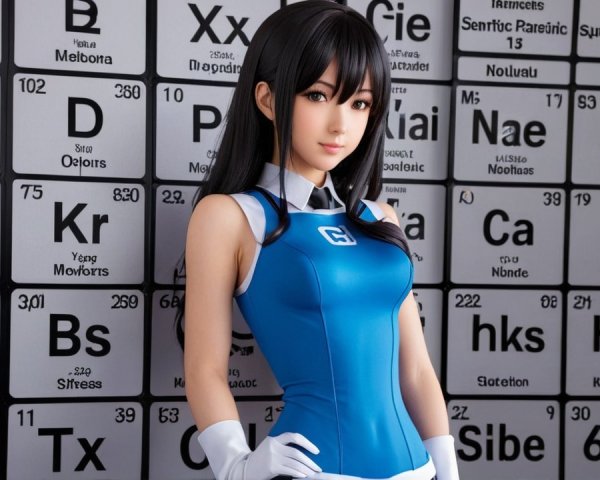 Character in Blue Outfit Against Periodic Table Backdrop