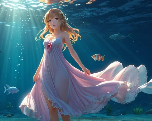 Underwater Scene with Girl in Pink Dress and Fish