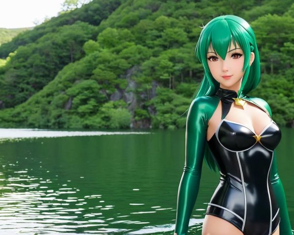 Character by Serene Lake with Green Mountains