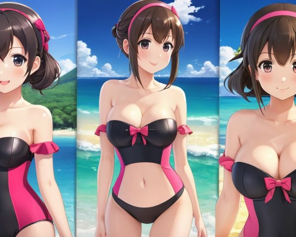 Character in Stylish Black and Pink Swimsuit at Beach