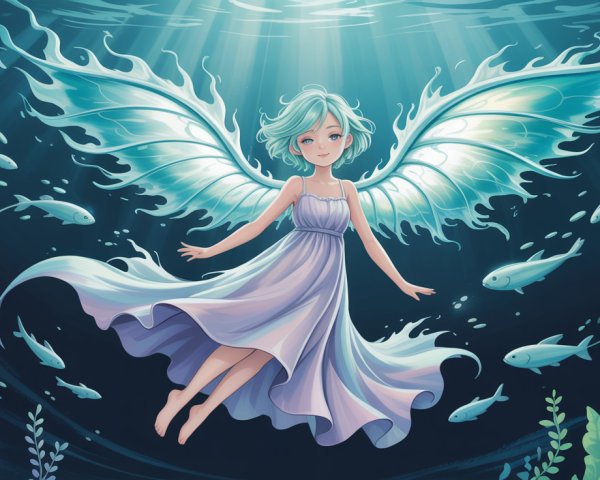 Anime Portrait of a Girl with Fairy Wings in Water
