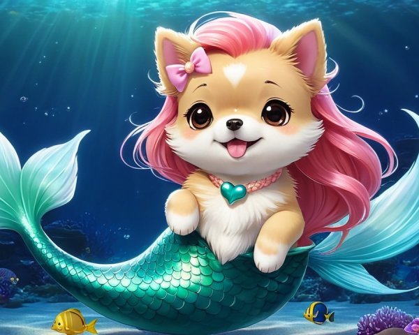 Cheerful Cartoon Mermaid Dog in Vibrant Underwater Scene