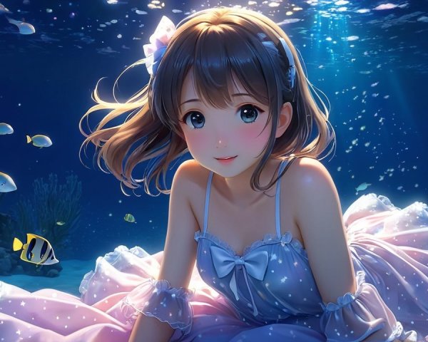 Young girl underwater with tropical fish and sunlight