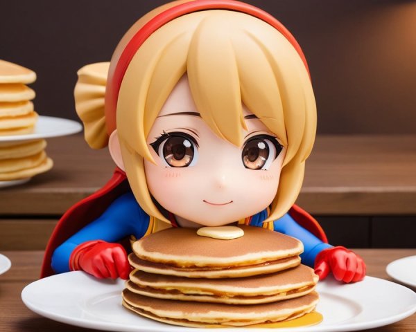 Cheerful Character with Pancakes in Cozy Kitchen