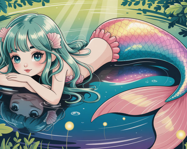 Anime-style mermaid with mint green hair in water