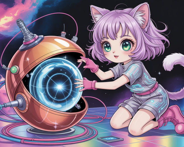 Anime Illustration of a Cat-Girl with Futuristic Elements