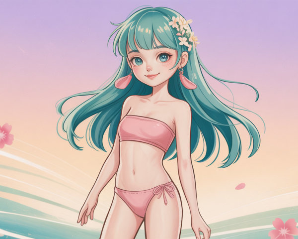 Young anime girl with teal hair and pink bikini outfit