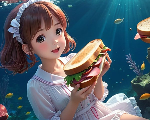Young woman underwater with sandwiches and colorful fish