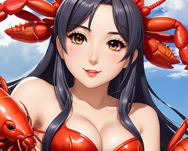 Vibrant Illustration of Woman with Lobsters in Red Outfit