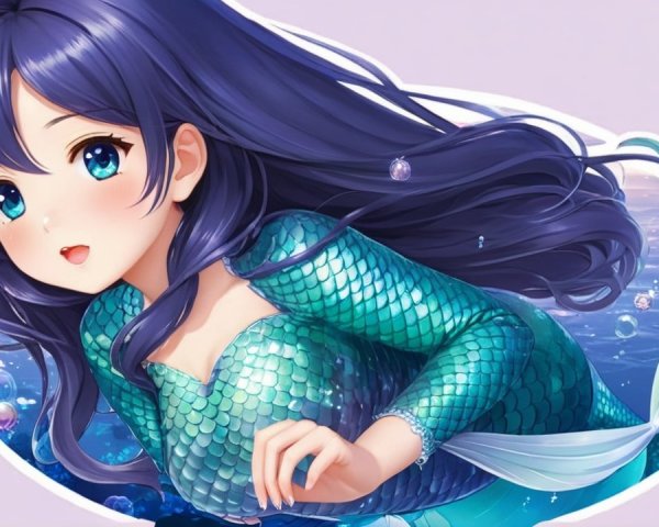 Cheerful mermaid with blue hair in shimmering waters