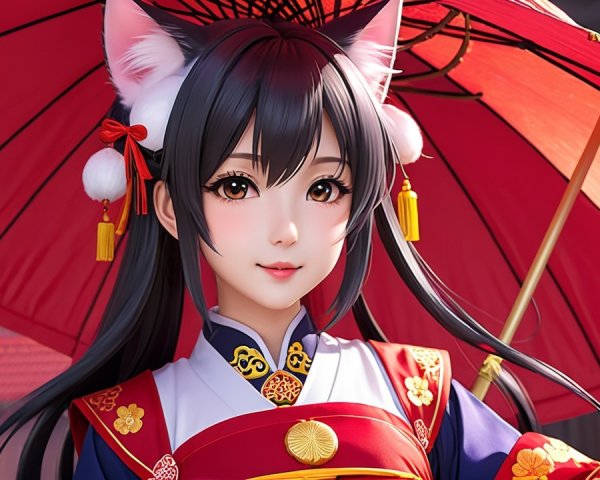 Young woman in traditional outfit with red parasol