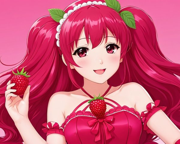 Vibrant anime character with pink hair and strawberries