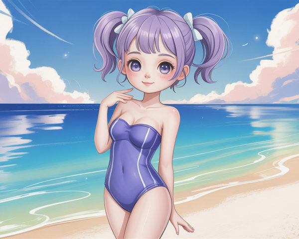 Anime girl with purple pigtails on sandy beach