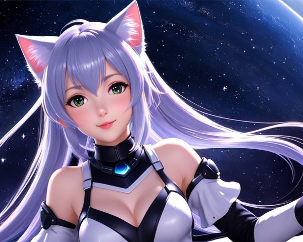 Futuristic Character with Cat Ears and Silver Hair