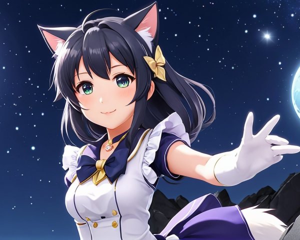Character with Cat Features Against Starry Night Sky