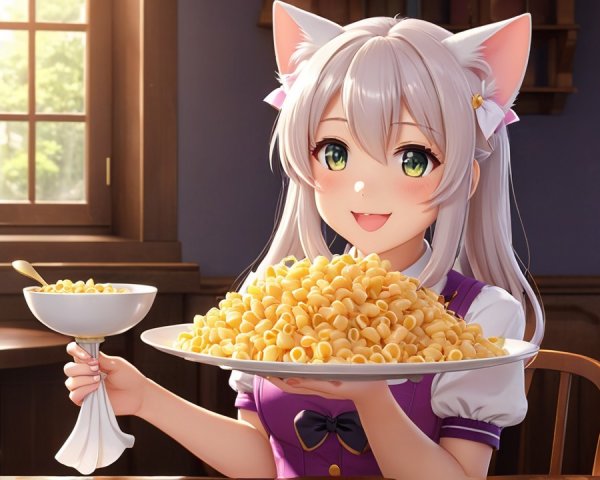Cheerful anime character with cat ears and pasta platter