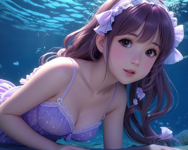 Young girl with purple hair submerged in coral reef