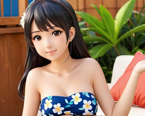 Young woman in floral bikini relaxing outdoors