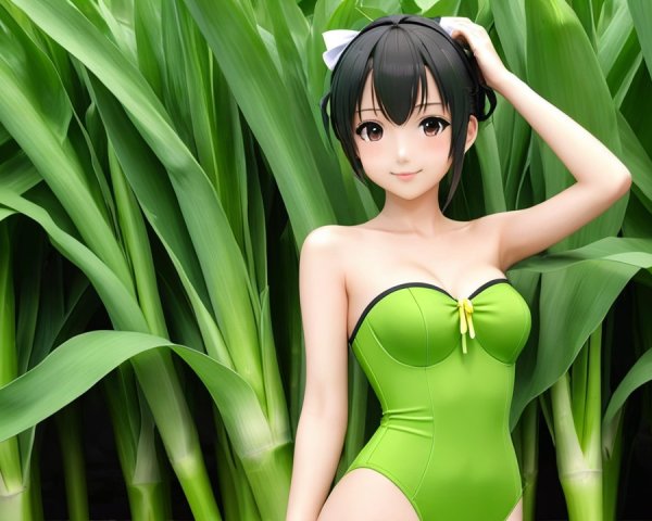 Cheerful character in vibrant green swimsuit among corn