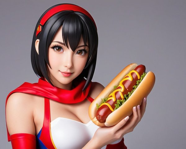 Anime Character with Hot Dog in Superhero Outfit