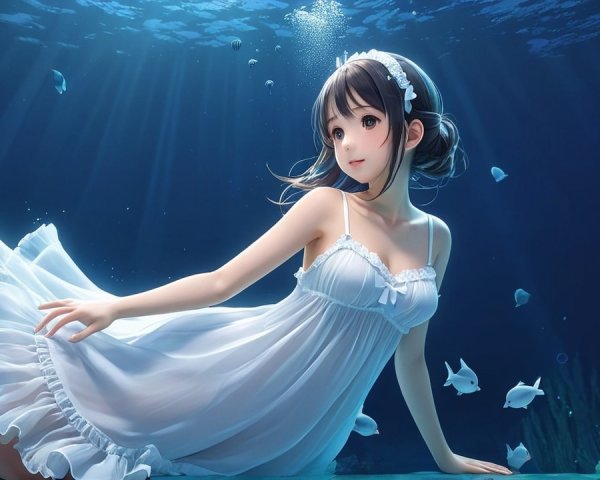 Underwater Scene with a Girl and Marine Life