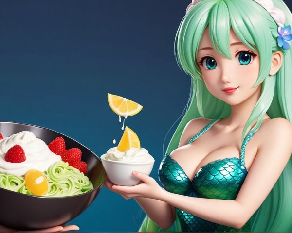 Vibrant animated character with colorful dessert bowls