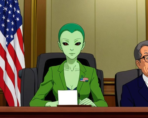 Alien Figure in Courtroom with Human Characters
