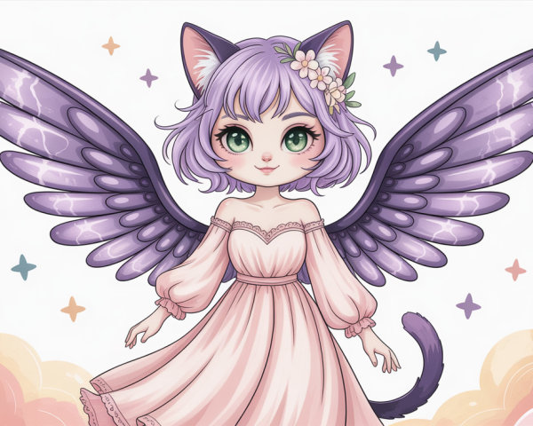 Whimsical Neko Pixie Girl Description with Lavender Hair