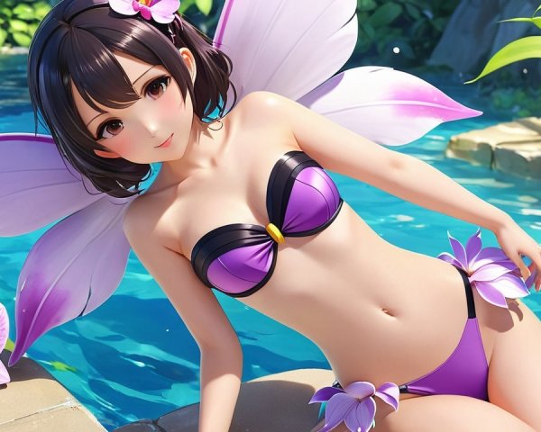 Whimsical Fantasy Scene with Butterfly Wings and Pool