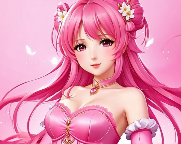 Vibrant Character Illustration with Pink Hair and Dress