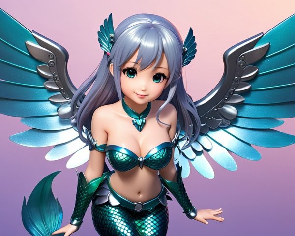 Fantasy Character with Silver Hair and Teal Wings