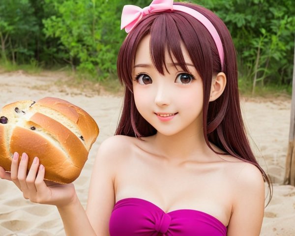 Young woman in purple bikini with bread in sandy area
