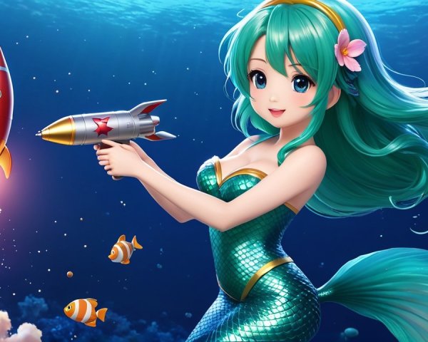 Cheerful mermaid with ray gun in vibrant underwater scene
