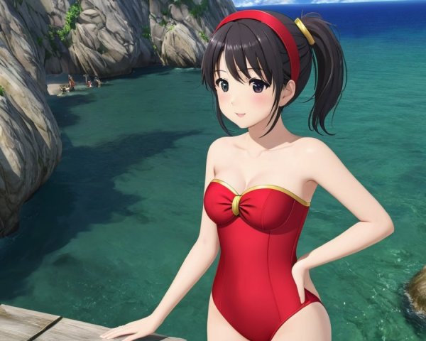 Young woman in red swimsuit on scenic coastal pier