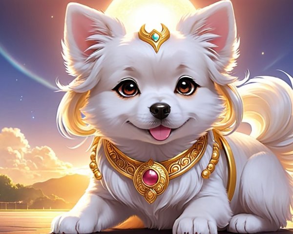 Fluffy White Puppy with Jewel Collar at Sunset