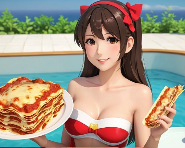 Cheerful Animated Character by Pool with Lasagna Plate
