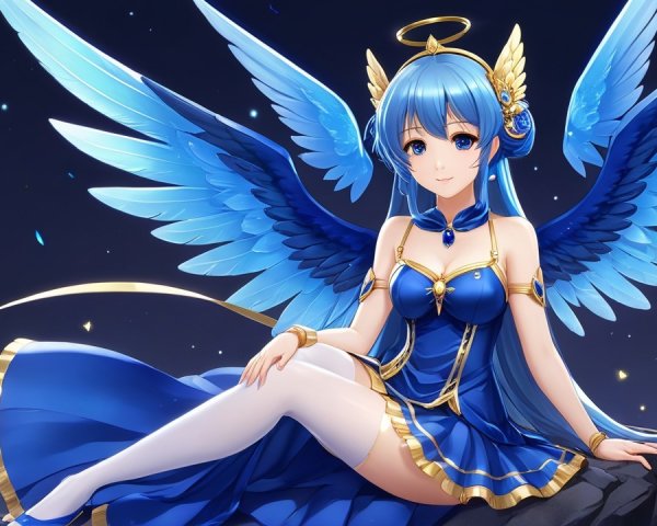 Elegant figure with blue wings in a starry night setting