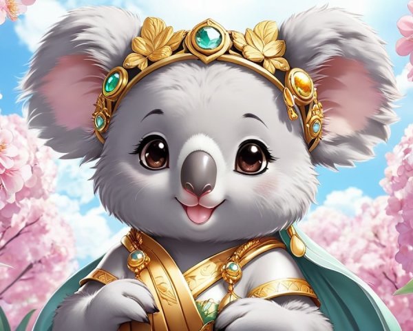 Cartoon Koala in Regal Outfit Amid Cherry Blossoms