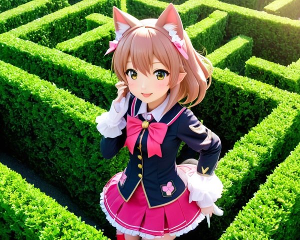 Cheerful anime character in a green maze setting