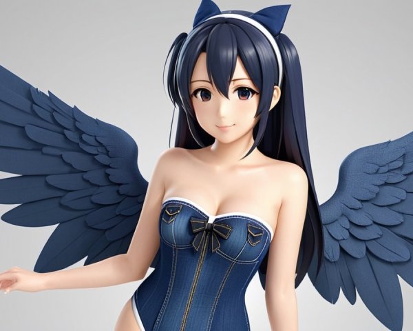 Stylized anime character with blue wings and denim outfit