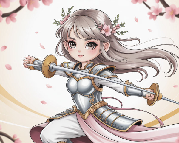 Anime Chinese Warrior Girl with Silver Hair and Armor