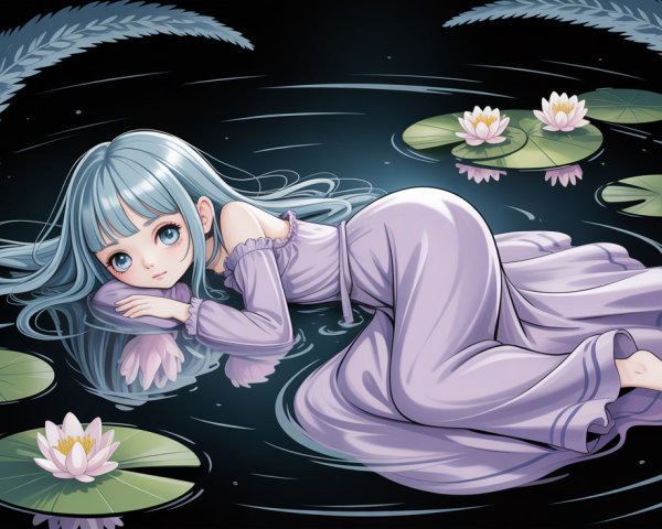 Anime girl in light blue gown lying in dark pond