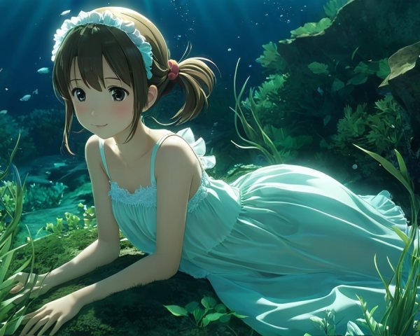 Underwater Scene of a Girl Among Seaweed and Fish