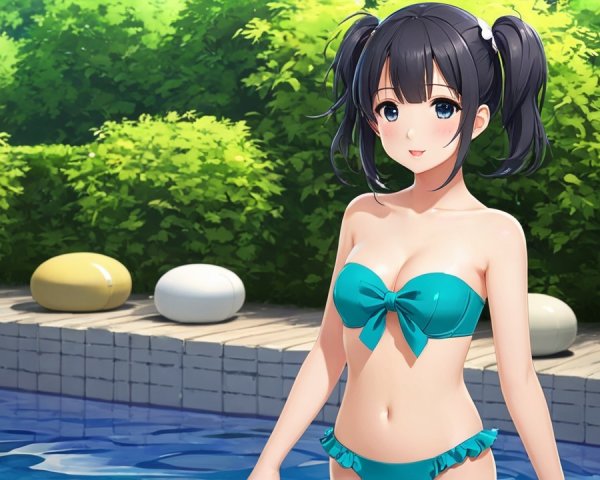 Cheerful anime character by sparkling pool in teal bikini