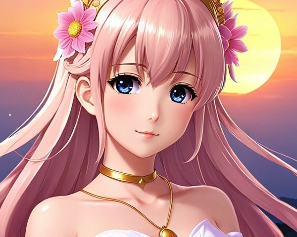 Anime Character in White Dress at Vibrant Sunset