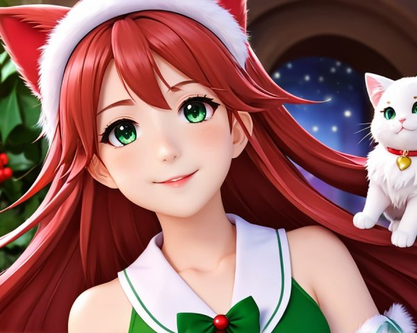 Cheerful Girl in Holiday Outfit with Cat and Christmas Tree