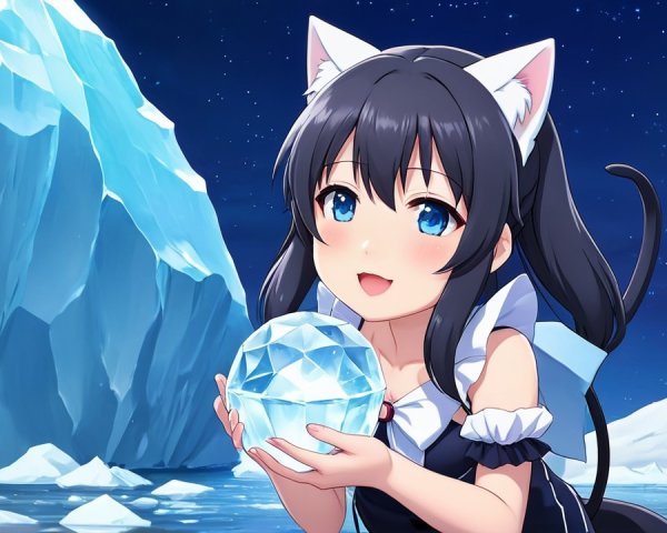 Girl with Cat Ears Holding Sparkling Ice Crystal