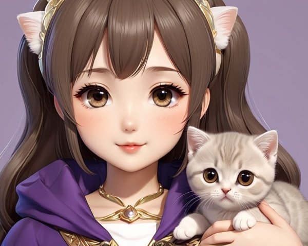 Charming Character with Cat Ears and Kitten in Robe